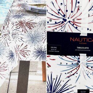 Nautica 4th of July Fireworks 60x120 Tablecloth Silver Foil Red Blue In/ Outdoor